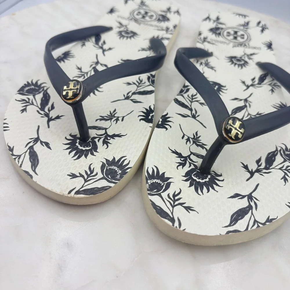 Tory Burch Flip Flops Women Size‎ 9 Navy Blue Floral Logo Sandals Resort Beach